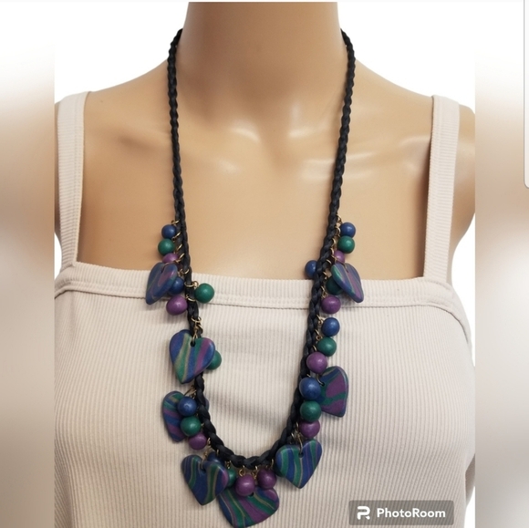 VINTAGE CLAY HEART PENDANTS & BEADS CORD STYLE NECKLACE - Picture 1 of 6